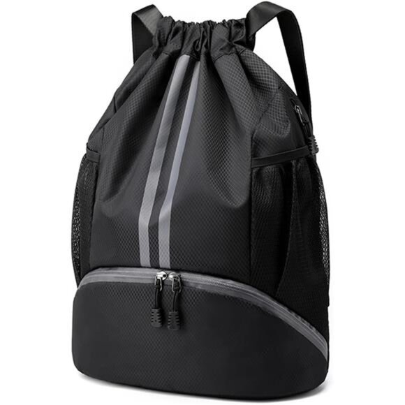 Sports Drawstring Backpack - String Swim Gym Bag with Shoes Compartment